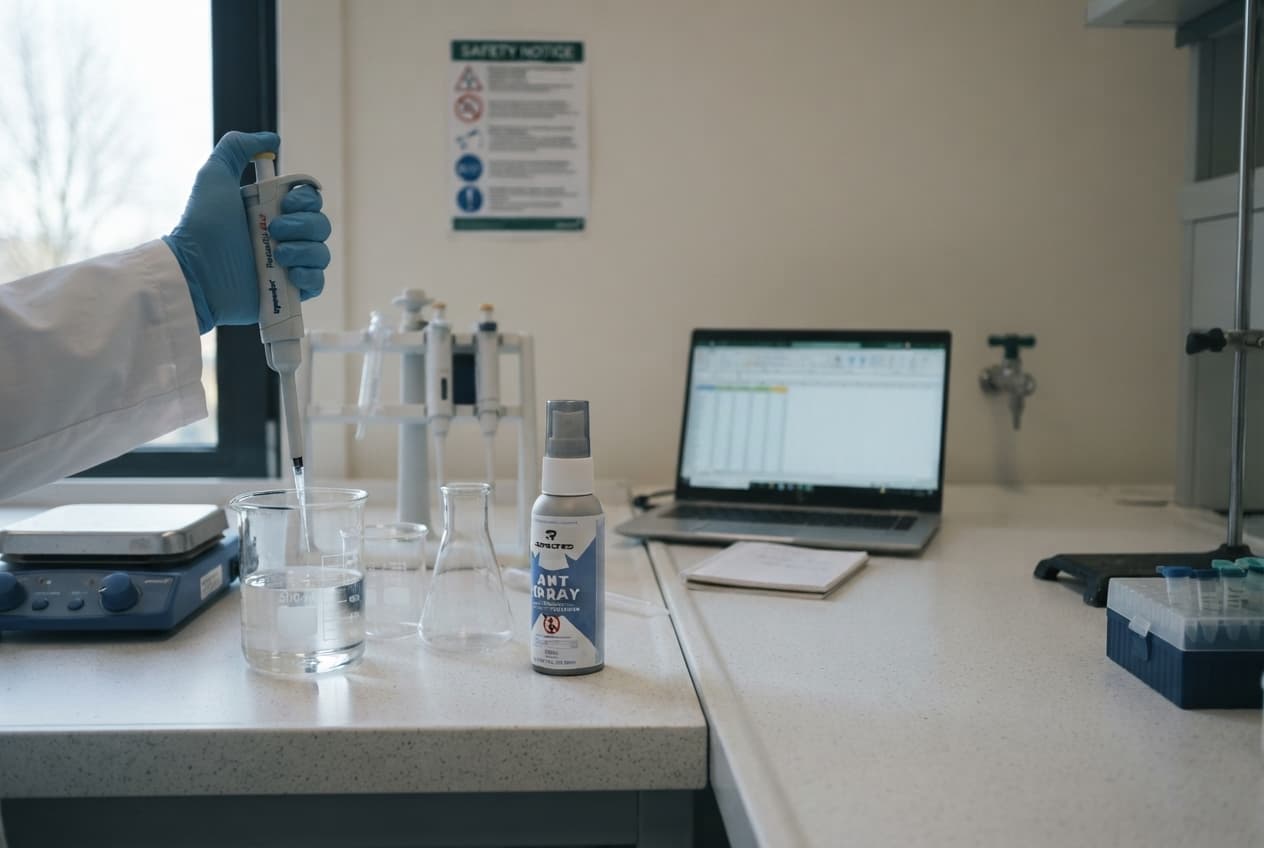 Three colleagues at a lab bench seen from the side, one pointing at a printout, one holding a small spray bottle, one at a laptop; red brick university building through the window (handover brief IMG-A08)