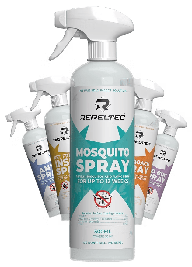 All variants side by side on white: six 100 ml (ant, bed bug, cockroach, mosquito, pet, textile) plus 250 ml and 500 ml. Labels must carry the 6-week claim and approved wording before rendering (Stan signs artwork)